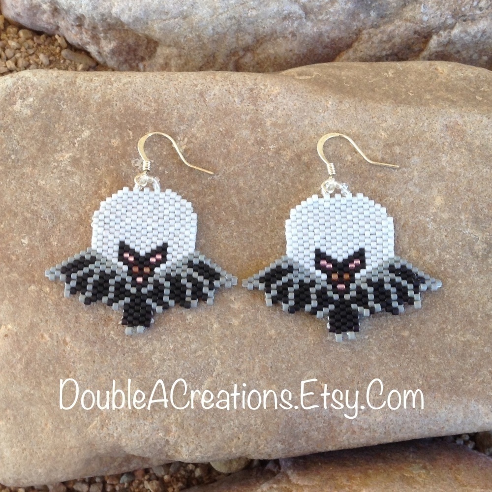 Halloween Bat In The Moon Beaded Earrings, New, Handmade By Me